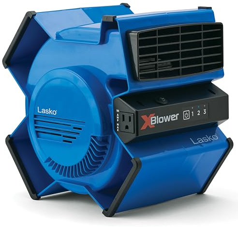 Lasko X-Blower High Velocity Pivoting Utility Blower Fan for Cooling, Ventilating, Exhausting, and Drying, 6 Position 3-Speed Floor Fan with AC Outlet, Circuit Breaker, USB Port, 11x9x12, Blue, X12905