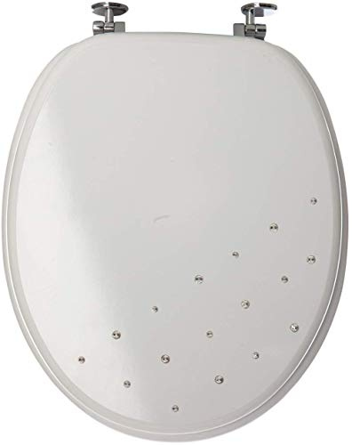 Luxury Diamante Wooden MDF WC Toilet SEAT with Chrome Hinges (White)