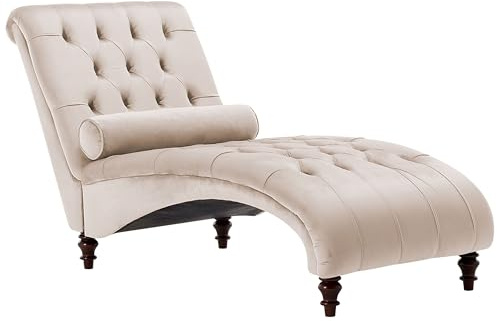 Chaise Longue Velluto Beige Stile Chesterfield con Bottoni Gambe in Legno