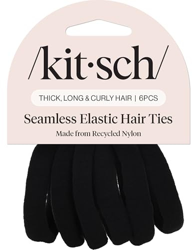 Kitsch Black Hair Ties 6pcs No Damage - Hair Bands for women - Strong Stretchy Hairbands & Hair Bobbles - Soft Nylon Hair Elastics, Snag-Free Rubber Bands for Updos & Braids