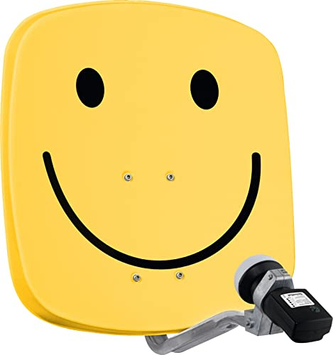 TechniSat DIGIDISH 45 - Antenna parabolica per 1 partecipante (piccola antenna parabolica di 45 cm - set completo con supporto a muro e cercatore di satelliti V/H-LNB) smiley giallo