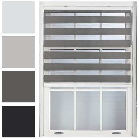 FURNISHED Day and Night Roller Blinds - Zebra Blind Dim or Translucent Vision Roller Shades for Windows and Doors - Dual Layer Fabric, Dark Grey, 145W x 165H cm