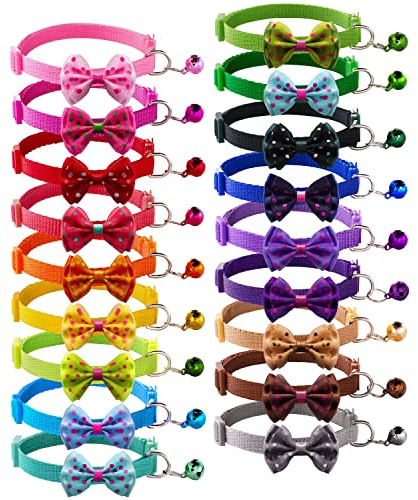Flymind 18Pcs Puppy Collars, Cat ID Collars with Bell Adjustable 19-32cm, Polka Dot Bow Soft Nylon Adjustable Breakaway Identification Collars for Puppy Kittens
