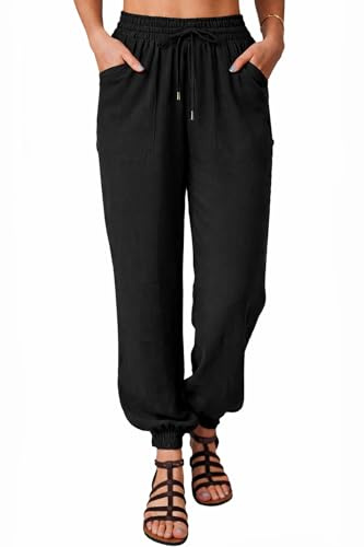 Nuofengkudu Mujer Hippie Pantalones Cagados Sueltos Verano Bolsillos Cordón Cintura Elastico Ligeros Pantalon Transpirable Liso Boho Bombachos Elegantes Playa Fiesta Casual Casa Harem Pants Negro S