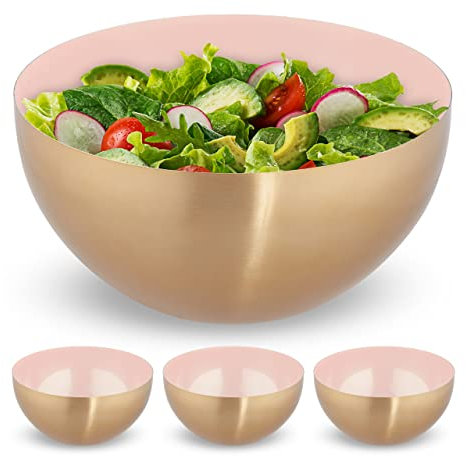 Set 4 Ensaladeras Redondas Ø 25 cm, Frutero Acero Inoxidable, Cuenco Repostería, Bol Cocina 3,5 litros, Rosa y Dorado