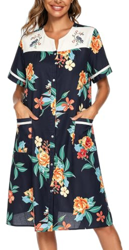 YOZLY House Dress Womens Embroidered Housecoat Short Sleeve Duster Robe with Front Pockets, Floral Navy, Large