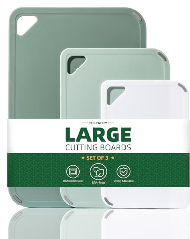 THETCHRY Plastic Cutting Board Set of 3-Cutting Boards for Kitchen BPA Free, Large-Small Chopping Boards Non-Slip for Cooking Camping Dishwasher Safe, Reversible, with Grip Handle, 15×10×0.6 Green