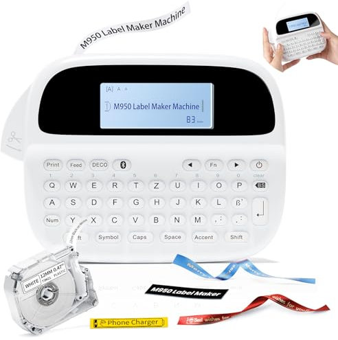 Goknu M950 Beschriftungsgerät Selbstklebend, Bluetooth Etikettiergerät mit Lithium-Akku, Etikettendrucker mit QWERTZ Tastatur & LCD Display, Wasserfester Labeldrucker für Schule, Heim, Büro und Lager