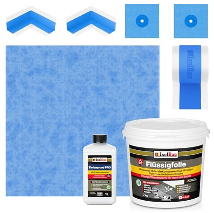 Isolbau Kit d'étanchéité avec 1 film liquide (7 kg), 1 fond de profondeur PRO (1 L), 1 bande d'étanchéité (5 m), 1 bande d'étanchéité (1 m), 2 coins intérieurs et 2 manchettes