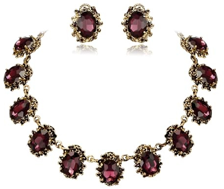 Clearine viktorianischen Stil Statement Halskette und Ohrringe Schmuck Set für Damen Cameo inspiriert oval Kristall Schmuckset für Party Prom Schmuck Amethyst Rot Antik Gold Tone