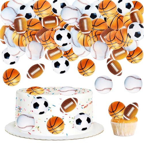 Blumomon 40Pcs Edible Sports Cupcake Toppers Edible Soccer Basketball Cupcake Toppers Rugby Baseball Cupcake Decorations Girl Boy Sports Ball Game Theme Happy Birthday Party Cake Decorations Supplies
