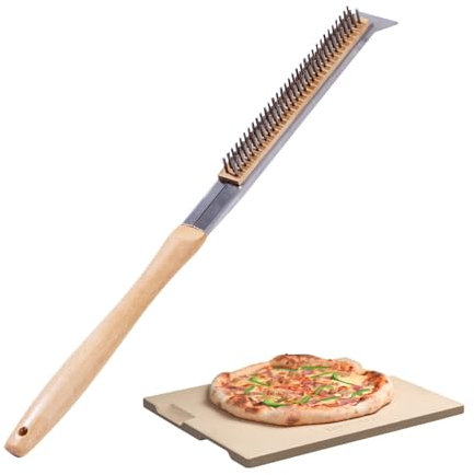 ROCKSHEAT Pizza Oven Brush, 20 Inch Grill Cleaning Brush with Scraper, Heat Resistant Stainless Steel Bristles, Beech Wood Handle, 2 in 1 Pizza Stones Brush, Ooni Ourdoor Pizza Oven Accessories