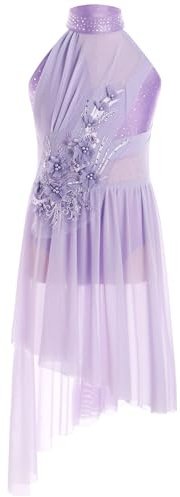 inlzdz Kids Girls Sleeveless Rhinestones Flower Applique Lyrical Ballet Leotard Dress Contemporary Latin Dance Costume Light Purple 7-8 Years