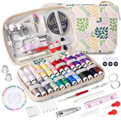Sewing Kit with Leaf Case, Complete Threads and Needles Set, Basic Sewing Accessories 24Pcs Thread Spool for Adults, DIY, Home, Travel & Emergency – Compact and Portable