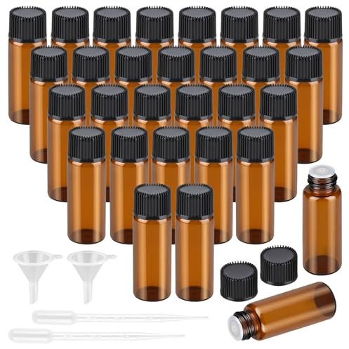 RVLZKCPG 30 stycken droppflaskor för eteriska oljor, 5 ml miniglasflaskor, påfyllningsbar apoteksflaska, liten brun glasflaska med droppare och tratt för eterisk olja, massage