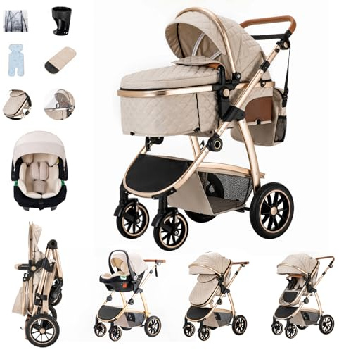Zkiprm Cochecito 3 en 1, Sistema de Viaje con Asiento de Coche, Cochecito y Capazo, Carrito Ajustable en Altura, Silla de Paseo con mosquitero, Chasis de Aluminio, para niños de 0 a 4 Blanco