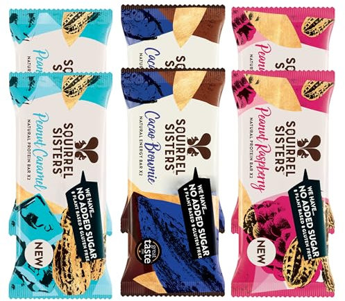 Squirrel Sisters Multipack Snacks Bar 6 x 40gm - Cocoa Brownie, Peanut Caramel, Peanut Raspberry No Added Sugar, Vegan, Gluten-Free Nutrition Bars, Plant-based Healthy Snacks for Adults and Kids