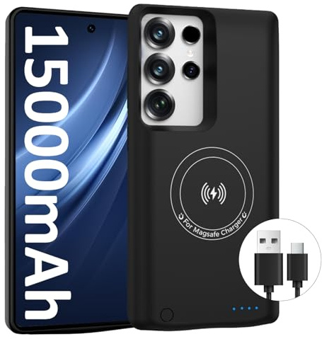 HUOBAO Akkuhülle für Samsung Galaxy S25 Ultra (15000 mAh), schnelles GaN-Ladegerät, tragbare Powerbank-Ladehülle, kabelloses Ladegerät, Backup mit 20 W USB-C-Kabel (17,5 cm), Schwarz