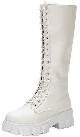 Stivali lunghi da donna in pelle con lacci, con plateau e chiusura laterale con cerniera al ginocchio, eleganti e antiscivolo, per donna, bianco, 43 EU
