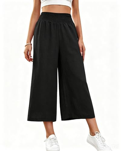 Cegerne Pantalon Jupe-Culotte 3/4 Femme Pantalon décontracté léger à Jambe Large, Noir, L