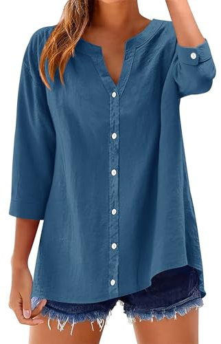 Rapbin Chemisier pour femme à manches 3/4 en coton et lin - Col en V - Boutonnière - Uni - Tunique - Décontractée - Manches enroulables, Gris foncé, bleu., M