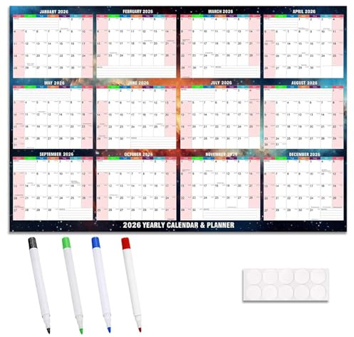 Wall Planner 2026, Wall Calendar 2026 Year Planner 2026 Walls with 4 Colored Pens and Stickers, 60.96×86.36cm 2026 Walls Calendar UK, 2026 Calendars Suitable for Students Families and Schools