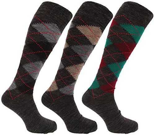 Universal Textiles Mens Traditional Argyle Pattern Long Length Lambs Wool Blend Socks (Pack Of 3) (US Shoe 7-12) (Shades of Grey)