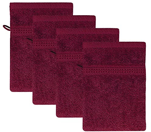 Class Home Collection Frottee Waschhandschuhe 16x21 cm – 4er Set Waschhandschuh – Besonders weiche & saugfähige Waschlappen aus 100% Baumwolle mit Aufhänger – Bordeaux