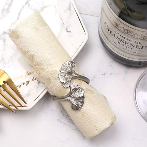 Gingko Leaf Napkin Rings - Set of 6 Metal Fall Leaves Napkin Holders for Wedding Party and Daily Use, a Beautiful complement to Your Dinner Table Décor (Silver)