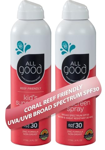 All Good Baby & Kids Sunscreen Spray - UVA/UVB Broad Spectrum, SPF 30, Zinc Oxide, Coral Reef Friendly, Water Resistant, Calendula, Aloe (6 oz)(2-Pack)