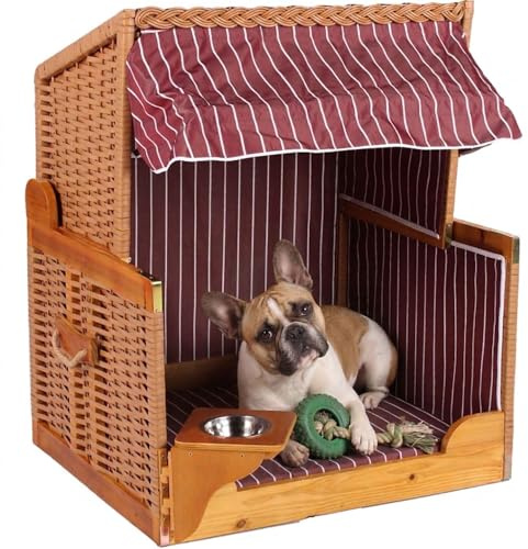 MR. DEKO Hundestrandkorb Wacholder PE Beige Rot Gestreift | Hunde-Strandkorb Polyrattan Wetterfest | Tierstrandkorb Schattenplatz | Sonnenschutz für Hunde Garten | Wellness Hund