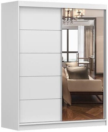 MOEBLO Kleiderschrank Schwebetürenschrank mit Spiegel 2-türig Schrank mit Einlegeböden und Kleiderstange Gaderobe Schiebtüren BxHxT 160x195x61 Eva BIS05 (Weiß)