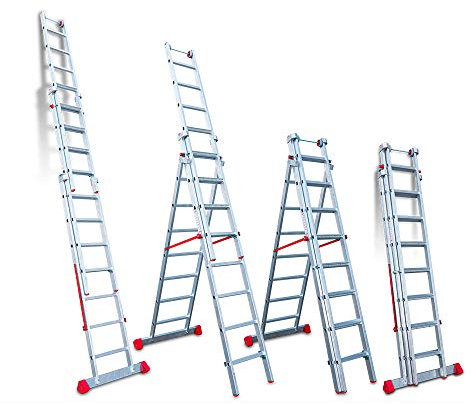 Faraone - Escalera Multiuso EN 1508 - Escalera 3 Tramos - Escalera 7+8+8 peldaños - 252x56x20cm - Peldaños Cómodos - Escalera de Aluminio - Ligera y Fácil de Manejar - Peldaños Antideslizantes