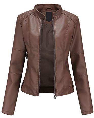 DISSA Veste biker femme en simili cuir Veste courte zip,Marron foncé,40