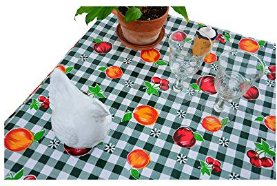 First Choice Vinyls Alux - Waterproof Oilcloth Table Cloth - Wipeable Tablecloths for Picnic - Non-Fading Plastic Table Cover with Better Than Flannel Backing - Gingham and Fruits Green (55in Circle)