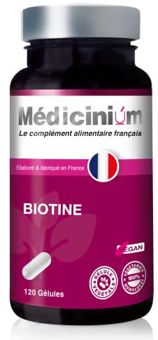 BIOTINE, vitamine B8,120 gélules, accélère la pousse des cheveux et des ongles, végan, conçu et fabriqué en France par Médicinium