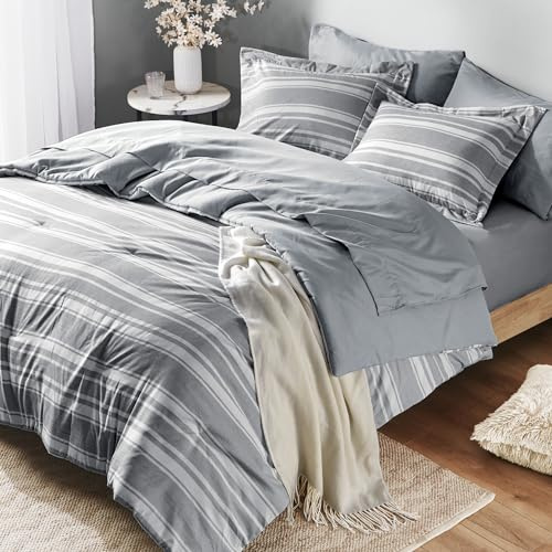 Codi King Size Bed in a Bag, Full Bedding Sets, Modern Farmhouse Grey and White Striped Comforter with Sheets, 7-Piece Complete Bedroom Set