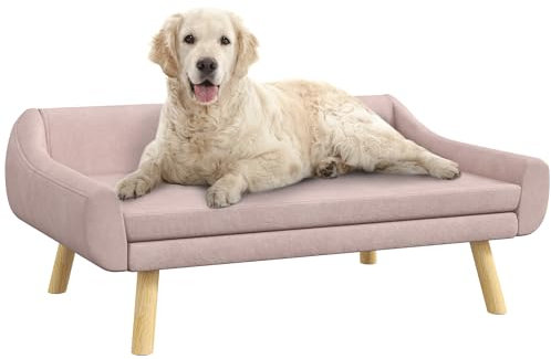 PawHut Hundesofa Katzensofa mit Rückenlehne, Hundecouch mit Holzbeine, Haustiersofa mit Kissen, Hundebett für mittelgroße und große Hunde, Samt, Rosa, 102 x 58,5 x 42,5 cm