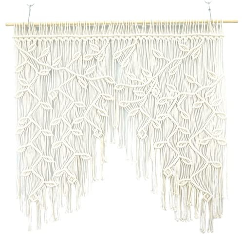XJKLBYQ Macrame Sliding Curtains,Boho Curtains,Woven Leaves Short Country Style Bistro Curtains,Wall Hanging Macrame Door Curtain for Bedroom Wedding Backdrop Macrame Wall Hanging Bohemian Decor