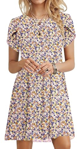 PLOKNRD Robe Été Femme Courte Droite Manches Courtes avec Poches | Robe de plage et t-shirt, coupe fluide et ample, tissu léger. Chic, décontractée, polyvalente, idéale pour l'été et vacances