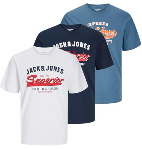 JACK & JONES Herren Rundhals T-Shirt JJELOGO - Regular Fit S M L XL XXL Cotton, Größe:XXL, Farbe:OceanView + Sky Captain + White