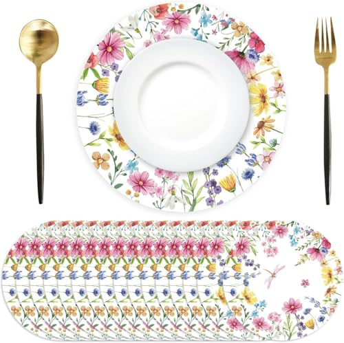 Lot de 50 Sets de Table en Papier Rond, Libellule Fleur Sets de Table Papier, Ø 34 cm, Printemps et été décoration pour Cuisine, Vacances, fêtes