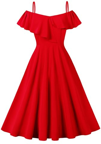 Wellwits Robe Femmes d'été Bretelles Dénudées Volants Cocktail Vintage Rouge M