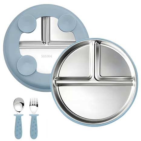 Oskuglin 3 Cuencos Bebé Acero Inoxidable con Ventosa & Cuchara Inox