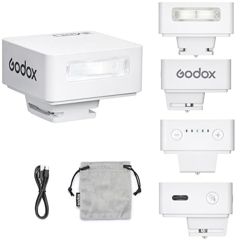 Godox IM20 - Flash mini flash Speedlite GN15 con 7 niveles de potencia de flash, CCT 6000 K ± 200 K con control óptico S1/S2 para cámara Fuji/Sony/Nikon/Canon/Olympus (blanco)