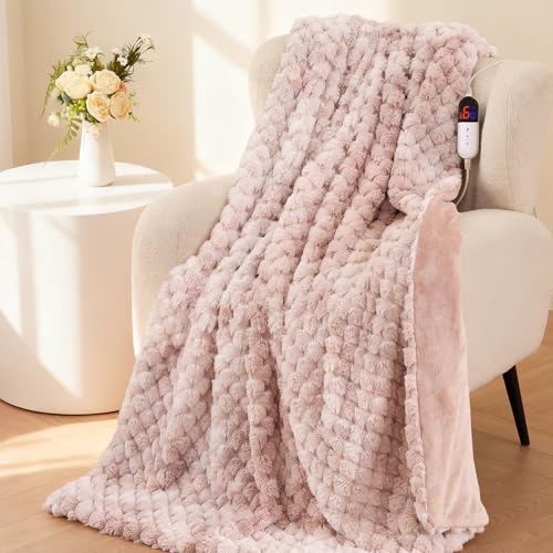Elektrisk Värmefilt 130x180 cm, 3D Blomster-Jacquard av Kaninpäls & Flanell, 6 Värmenivåer & 1-10T Auto-Av, Maskintvättbar Värmefilt för Säng, Sofa, Kontor (Rosa)