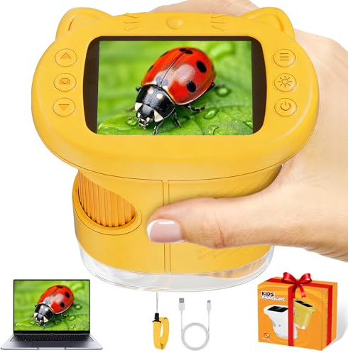 Pocket Kids Microscope, 1000X Handheld Microscope for Kids w/2.4'' Screen, Photo Video Mini Portable Microscopes Science Edu Digiscope, Christmas Birthday Gifts Ideas for Kids Ages 3-12(Orange)