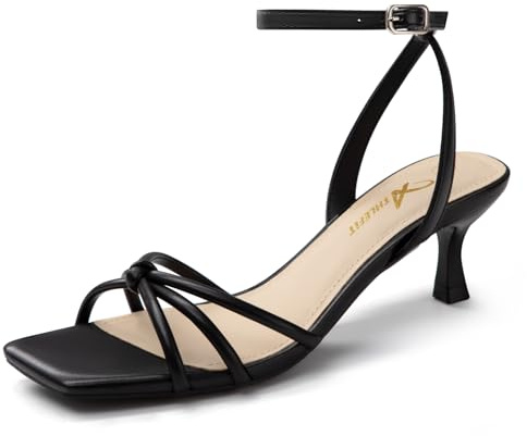 Athlefit Black Kitten Heels for Women Square Open Toe Strappy Low Heels Comfortable Dressy Ankle Strap Sandals Size 7.5