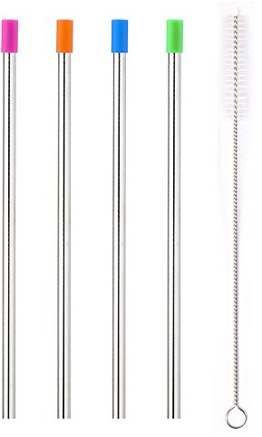 4 pezzi di Canna da Bere in Acciaio Riutilizzabile Rette Lunghe 9 con Punta Silicon Rimuovibile e Spazzola per Pulizia Metallo Robusta Bevande Fredde Cocktail Caffè Milkshake Ice Tea