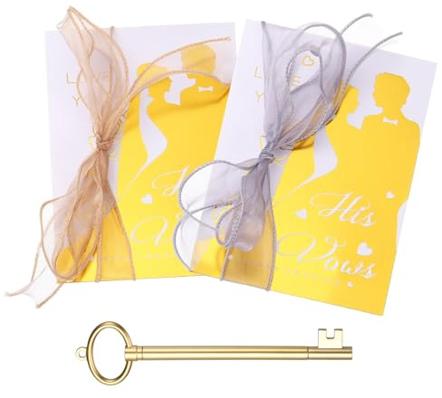 YOKIVE Wedding Day Vow Card Set, (7.87 x 5.51-Inch, Gold/Grey), Vow Card with Key Shape Pen for Her & Him Ribbon Version B, Gold Foil, Great Gift for Bride Groom Bridal Wedding